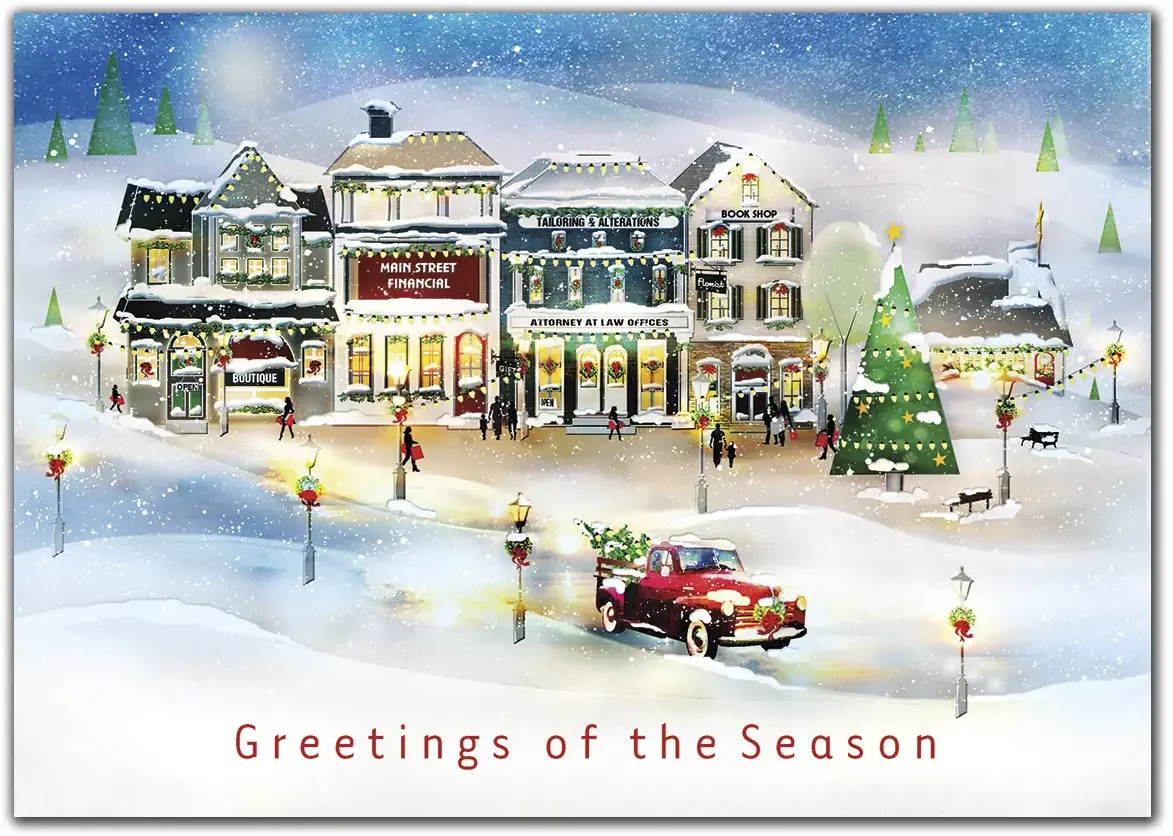 Custom printed holiday greeting cards with traditional scene