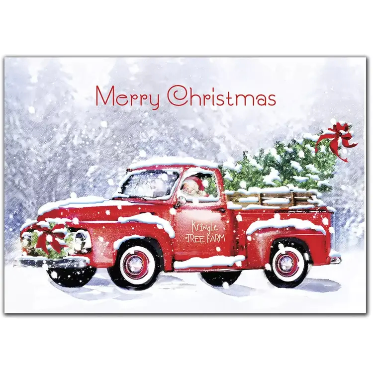 Custom printed holiday cards with red truck and Christmas tree