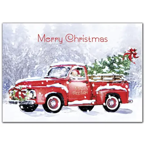 Custom printed holiday cards with red truck and Christmas tree