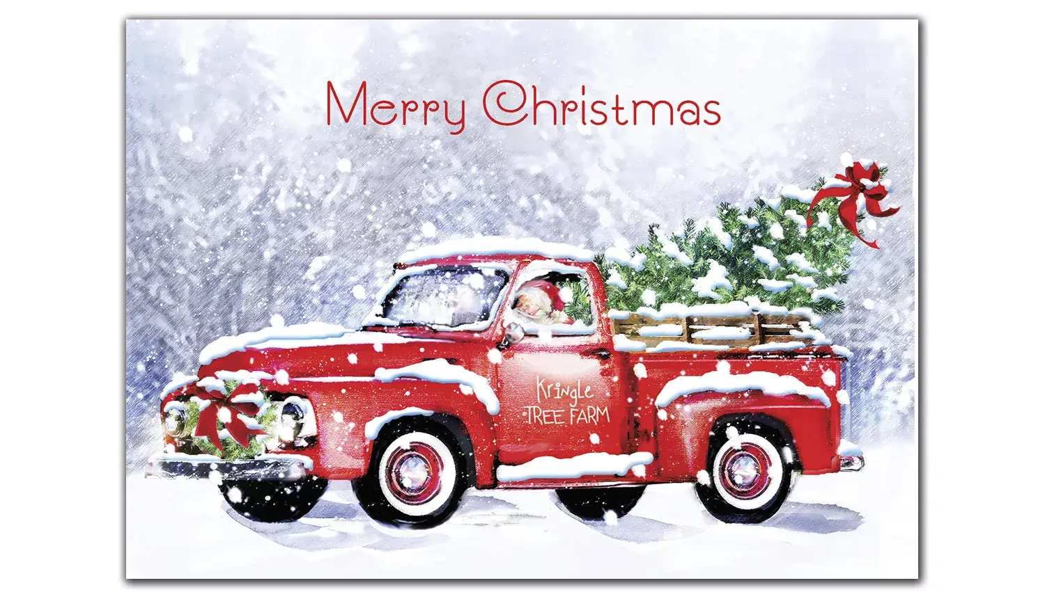 Custom printed holiday cards with red truck and Christmas tree