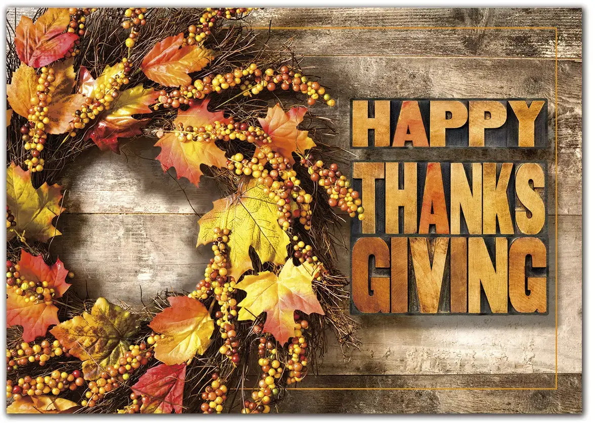 Customized Thanksgiving greeting cards with Fall leaves wreath design