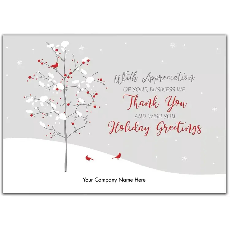 Customized holiday greeting cards with red bird on white tree