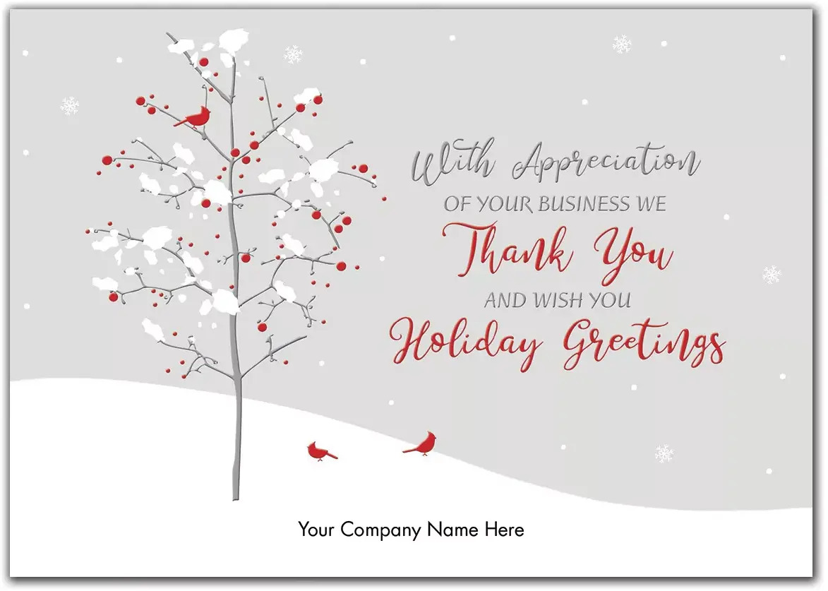 Customized holiday greeting cards with red bird on white tree