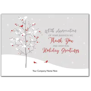 Customized holiday greeting cards with red bird on white tree