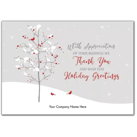 Customized holiday greeting cards with red bird on white tree
