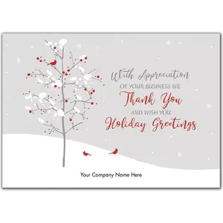 Customized holiday greeting cards with red bird on white tree