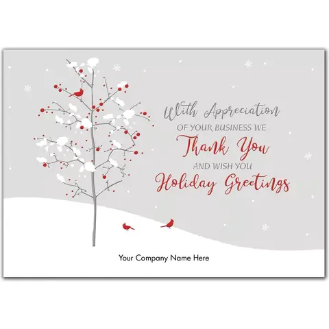 Customized holiday greeting cards with red bird on white tree