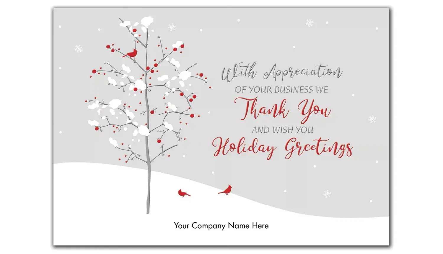 Customized holiday greeting cards with red bird on white tree