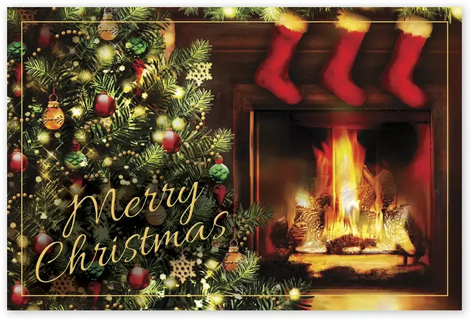Custom printed Christmas postcards with fireplace, tree and stockings