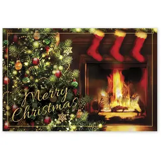 Custom printed Christmas postcards with fireplace, tree and stockings
