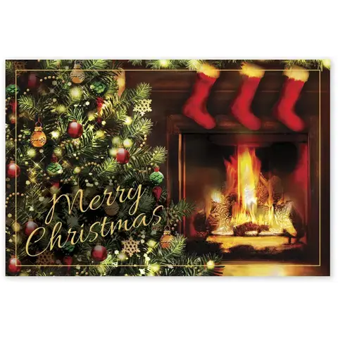 Custom printed Christmas postcards with fireplace, tree and stockings