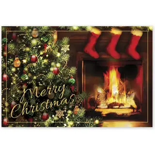 Custom printed Christmas postcards with fireplace, tree and stockings