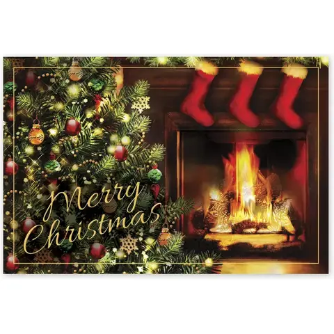 Custom printed Christmas postcards with fireplace, tree and stockings