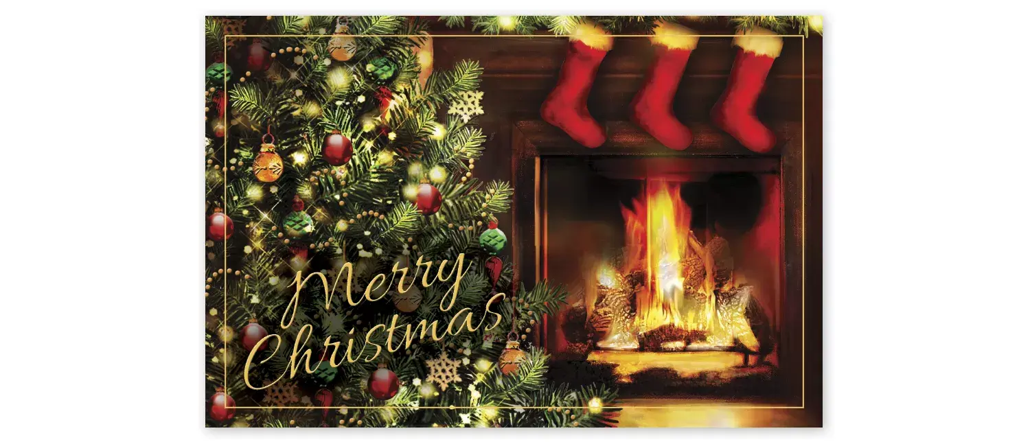 Custom printed Christmas postcards with fireplace, tree and stockings