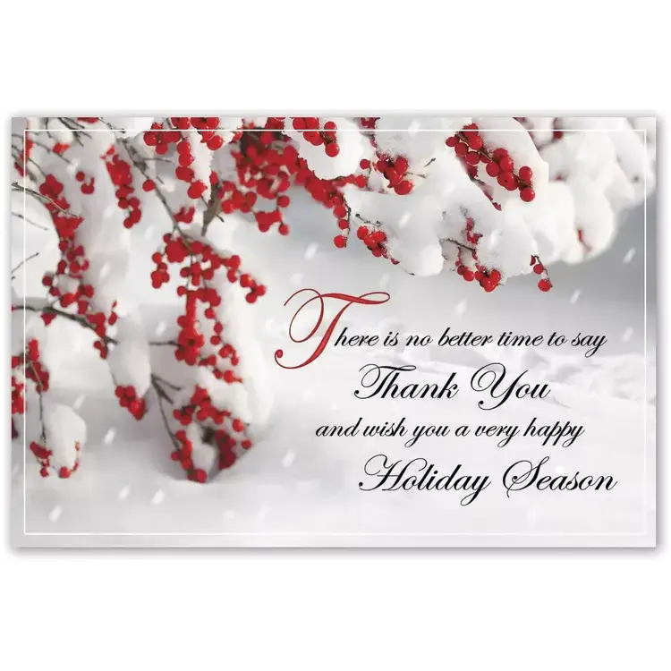Custom printed thank you holiday greeting postcards with berries and snow