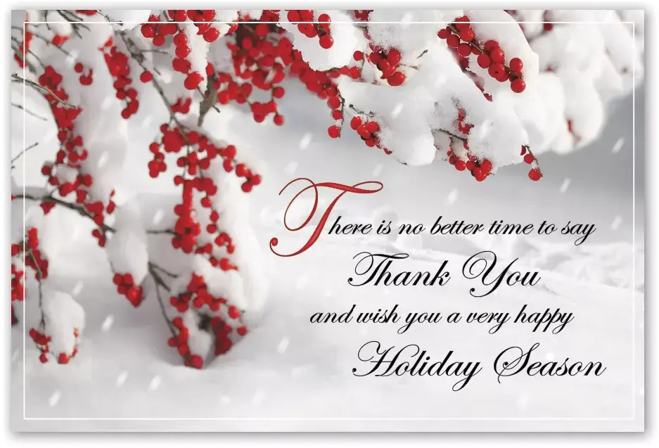 Custom printed thank you holiday greeting postcards with berries and snow