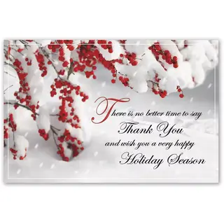 Custom printed thank you holiday greeting postcards with berries and snow