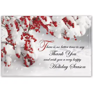 Custom printed thank you holiday greeting postcards with berries and snow