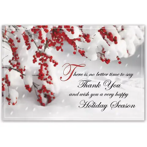 Custom printed thank you holiday greeting postcards with berries and snow