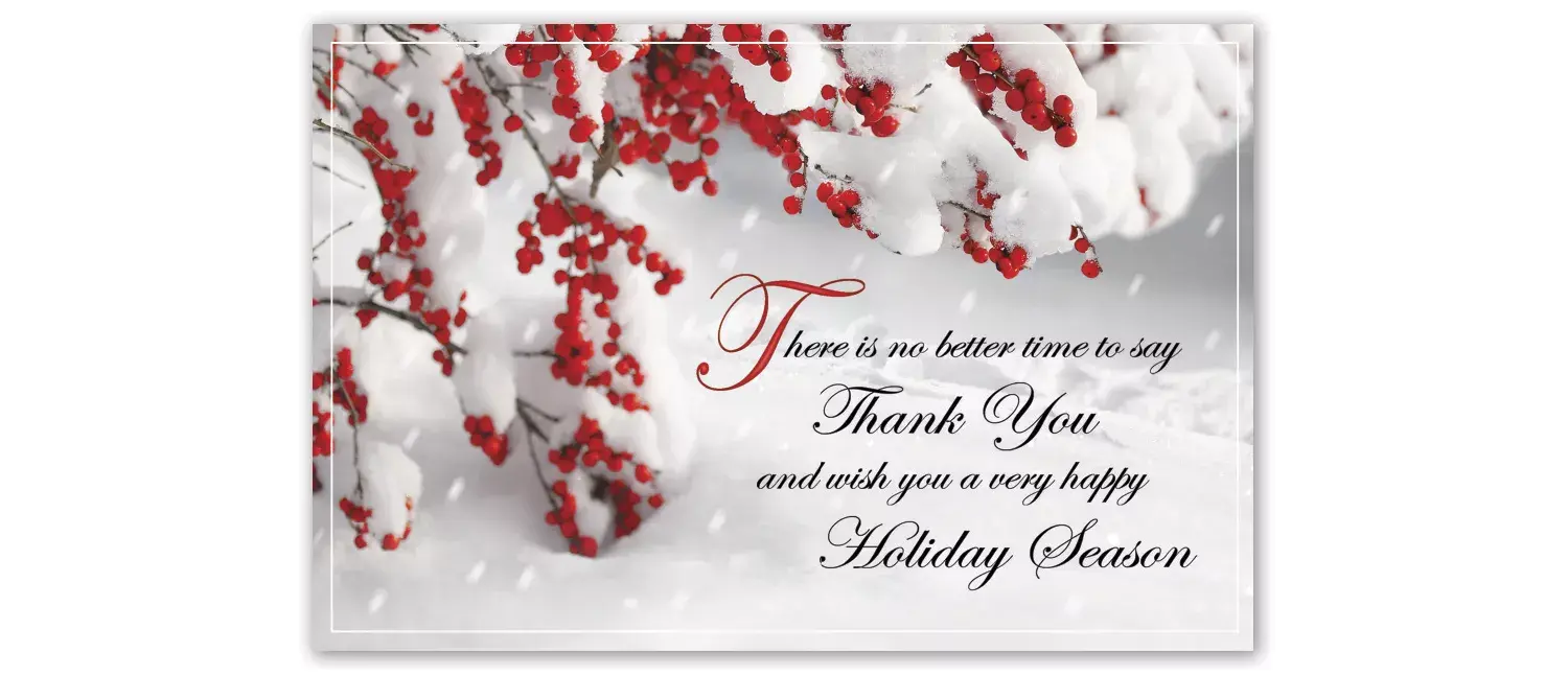 Custom printed thank you holiday greeting postcards with berries and snow