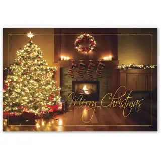 Custom printing of Christmas postcards with lit tree and modern fireplace
