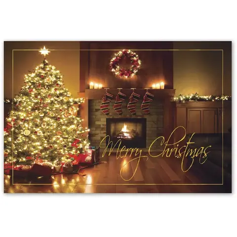 Custom printing of Christmas postcards with lit tree and modern fireplace