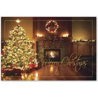 Custom printing of Christmas postcards with lit tree and modern fireplace