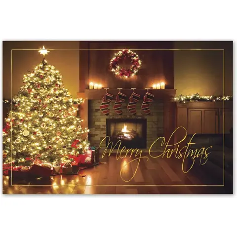 Custom printing of Christmas postcards with lit tree and modern fireplace