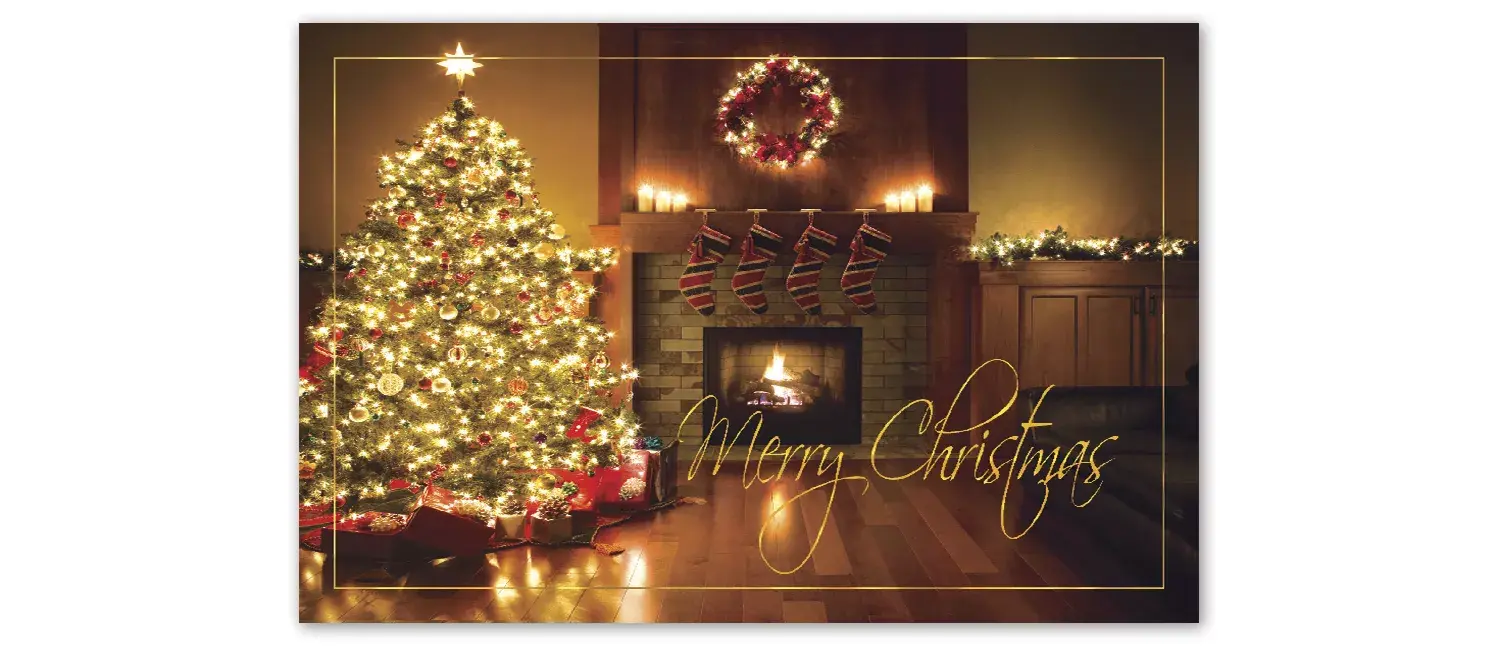 Custom printing of Christmas postcards with lit tree and modern fireplace