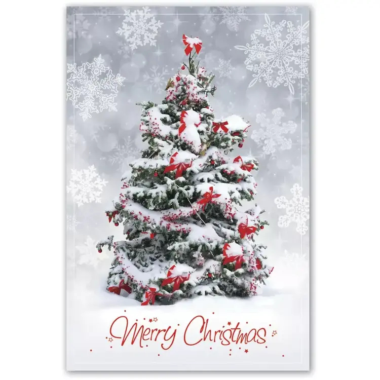 Custom Christmas postcards with a tree covered with snow
