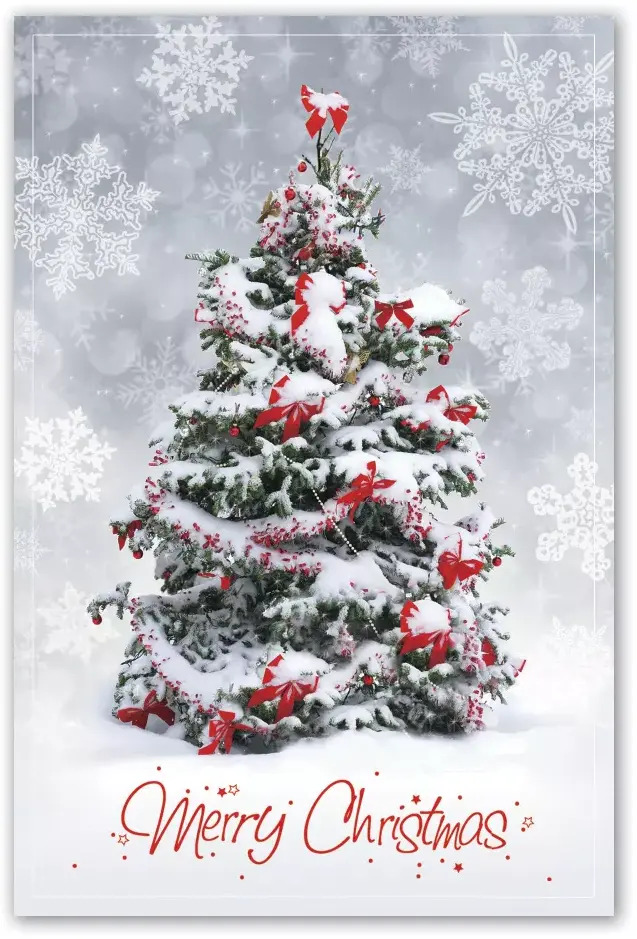Custom Christmas postcards with a tree covered with snow