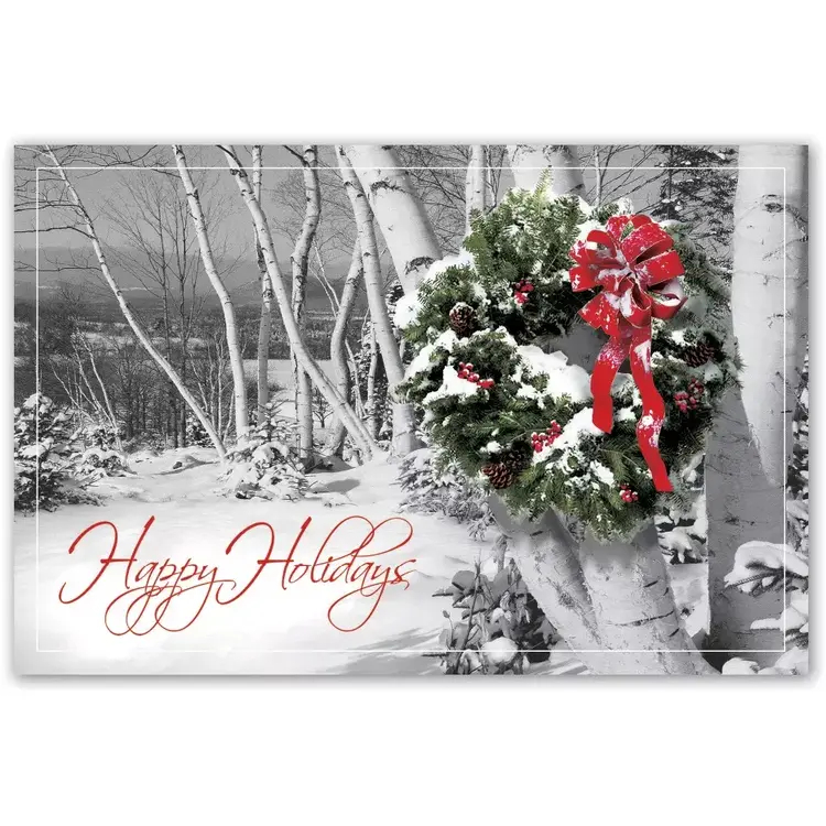 Custom printed postcard with wreath and happy holidays caption