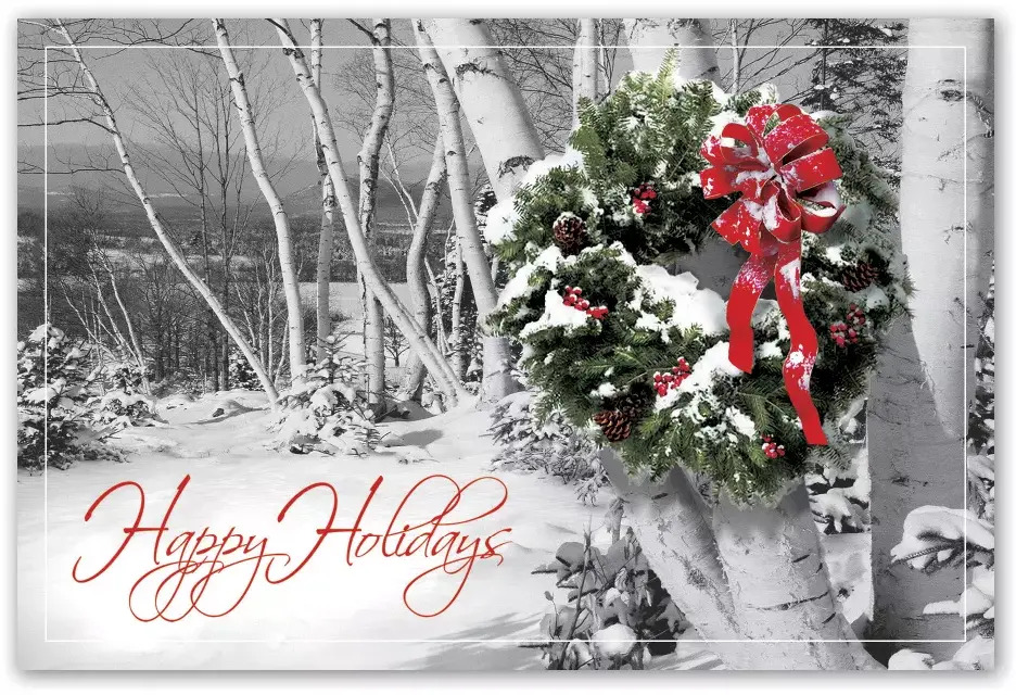 Custom printed postcard with wreath and happy holidays caption