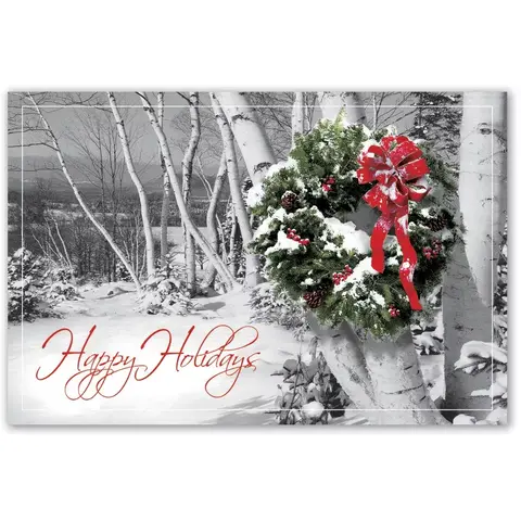 Custom printed postcard with wreath and happy holidays caption