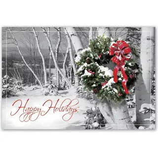 Custom printed postcard with wreath and happy holidays caption