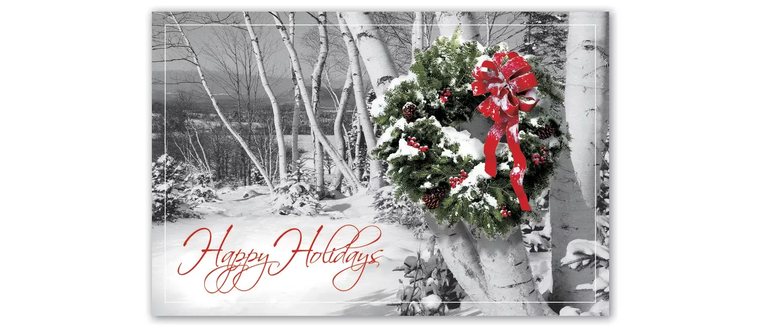 Custom printed postcard with wreath and happy holidays caption