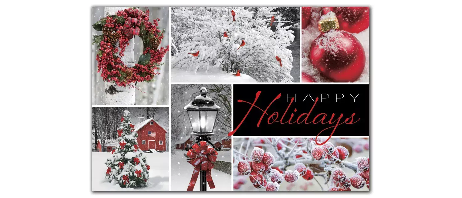 Custom printed traditional holiday cards with red theme