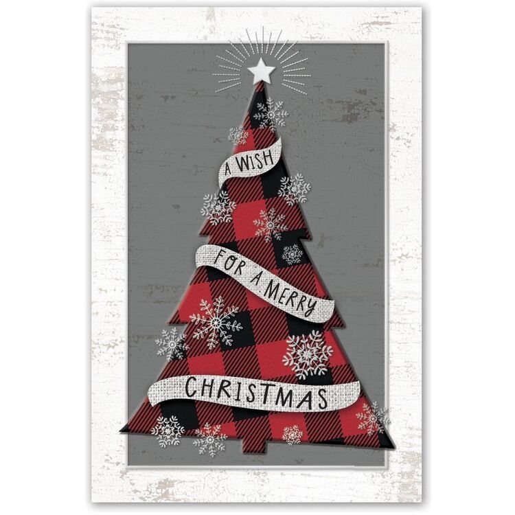 Christmas postcard printing with plaid tree on grey background