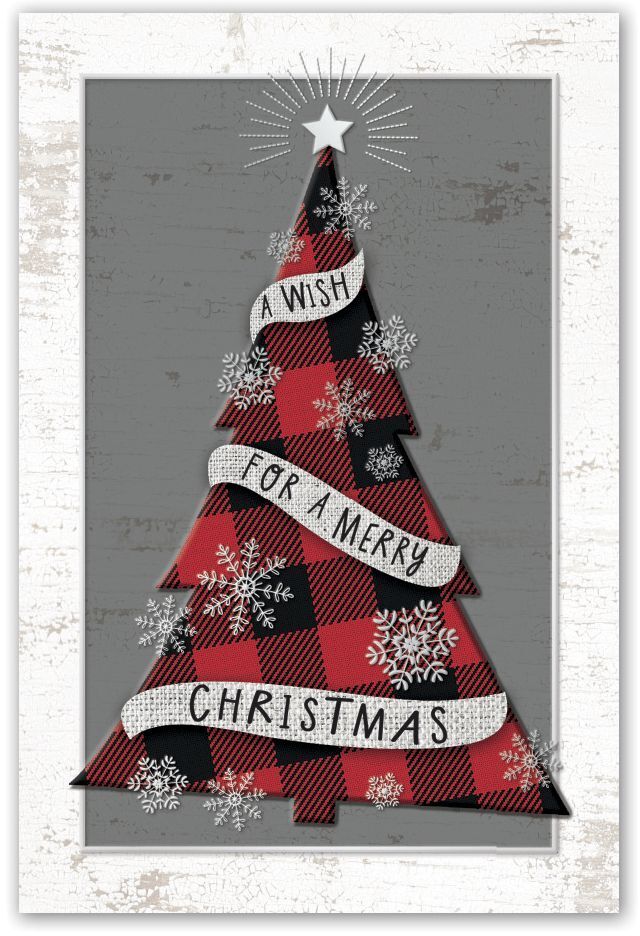Christmas postcard printing with plaid tree on grey background