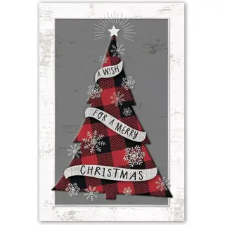 Christmas postcard printing with plaid tree on grey background