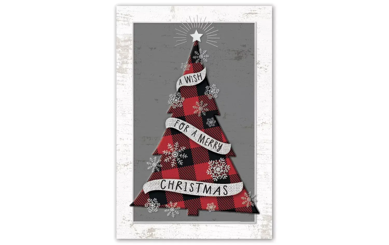 Christmas postcard printing with plaid tree on grey background