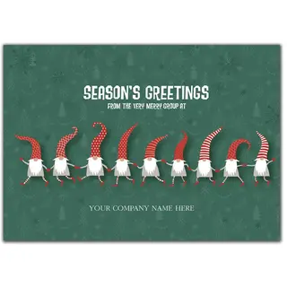 Custom Printed Holiday Cards with Nine Elves on Green Background