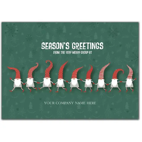 Custom Printed Holiday Cards with Nine Elves on Green Background