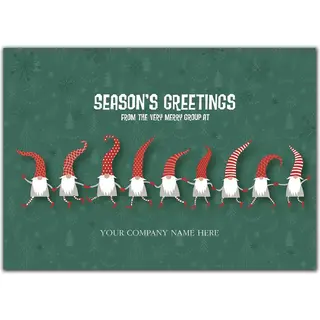 Custom Printed Holiday Cards with Nine Elves on Green Background