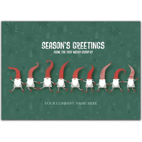 Custom Printed Holiday Cards with Nine Elves on Green Background