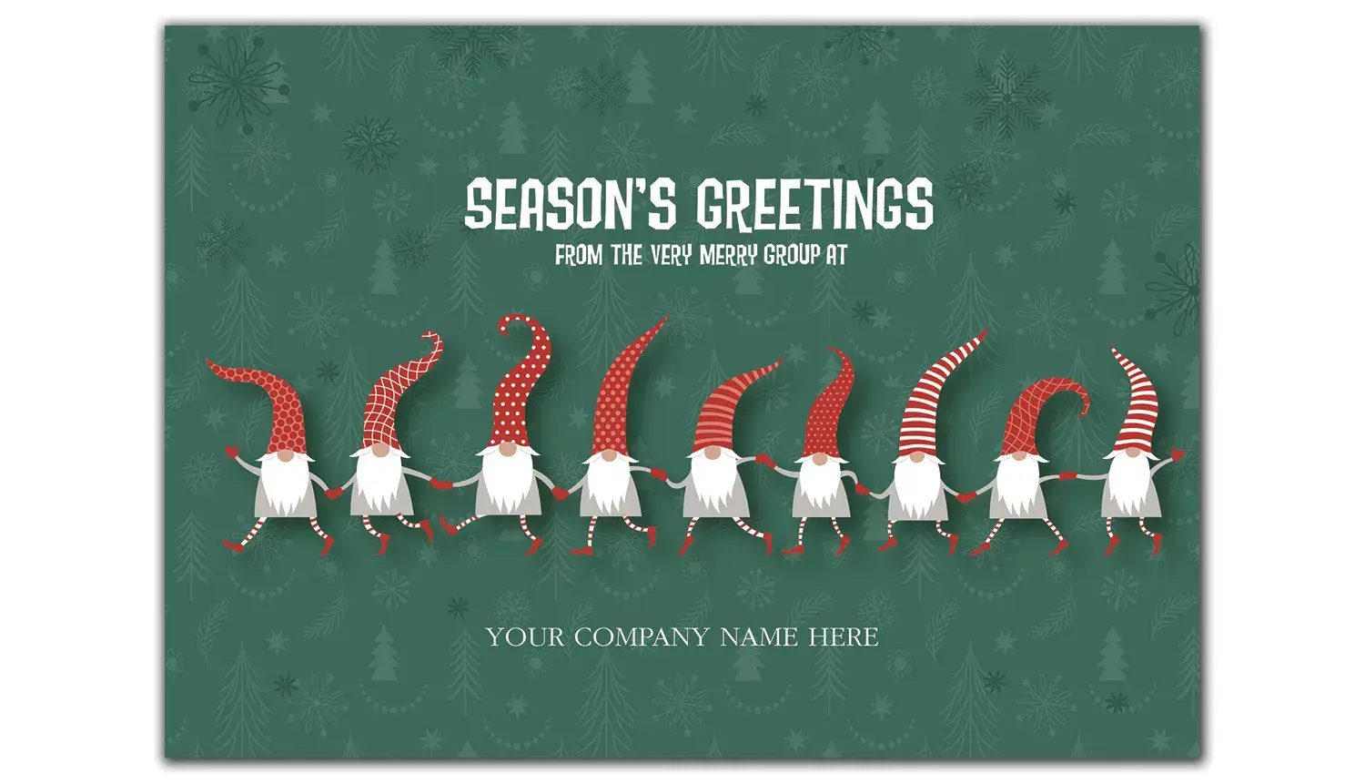 Custom Printed Holiday Cards with Nine Elves on Green Background