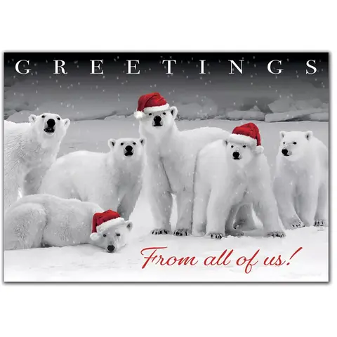 Custom Business Holiday Cards with Six Polar Bears and Santa Hats