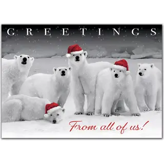 Custom Business Holiday Cards with Six Polar Bears and Santa Hats