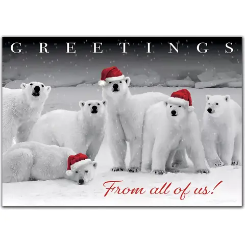 Custom Business Holiday Cards with Six Polar Bears and Santa Hats