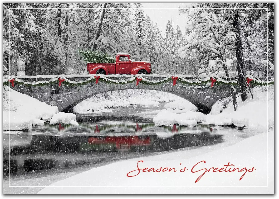 Customized Business Holiday Cards with Red Vintage Truck on Bridge